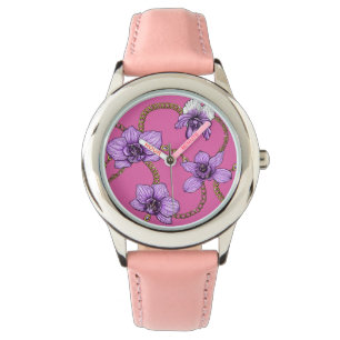 Orchideen und Ketten, violett und rosa Armbanduhr