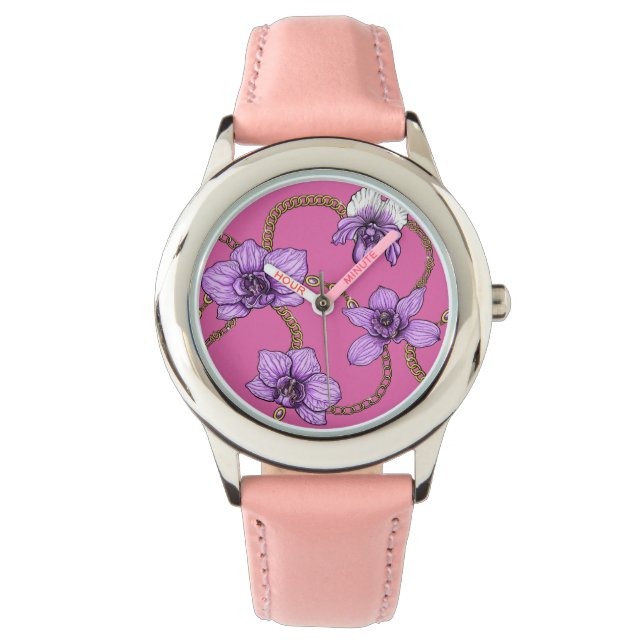 Orchideen und Ketten, violett und rosa Armbanduhr (Vorderseite)