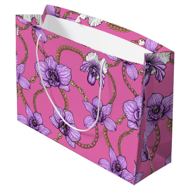 Orchideen und Ketten, violett und rosa Große Geschenktüte (Rückseite Schrägansicht)