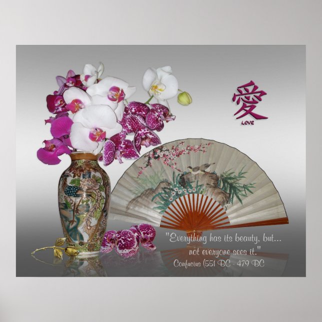 Orchideen und orientalisch bemalten Ventilator, Co Poster (Vorne)