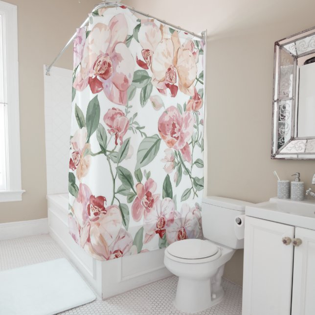 Orchideen-Wiesen-Aquarell-Blumen-Rot-Botanisch Duschvorhang (Beispiel)