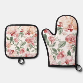 Orchideen-Wiesen-Aquarell-Blumen-Schamhaft-Botanis Ofenhandschuh & Topflappen-Set