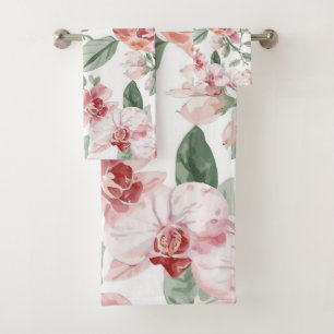 Orchideen-Wiesen-Aquarell-Blumen-Schamhaftes-Botan Badhandtuch Set