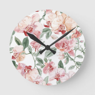 Orchideen-Wiesen-Aquarell-Blumen-Schamhaftes-Botan Runde Wanduhr