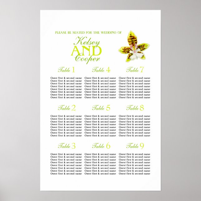 Orchideengrün Hochzeitstisch-Planer 1-9 Poster (Vorne)
