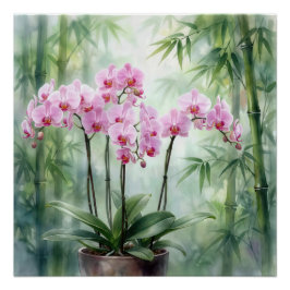 Orchideenpflanze in Rosa auf Bambushintergrund Poster