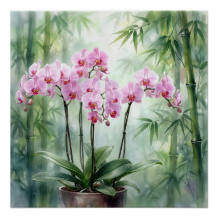 Orchideenpflanze in Rosa auf Bambushintergrund Poster