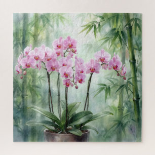Orchideenpflanze in Rosa auf Bambushintergrund Puzzle