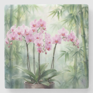 Orchideenpflanze in Rosa auf Bambushintergrund Steinuntersetzer