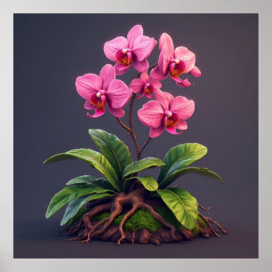 Orchideenpflanze mit grünen Blättern in Rosa Poster