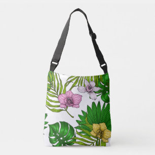 Orchids and palm leaves, pink, yellow, green and w tragetaschen mit langen trägern