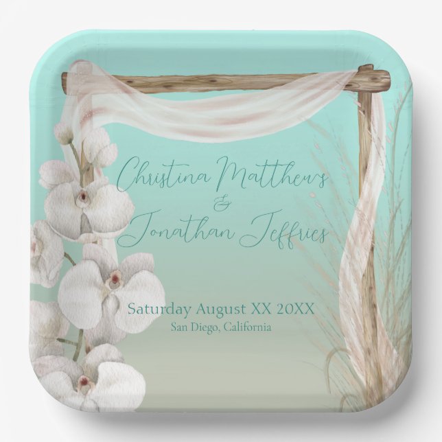 Orchids & Boho Arch auf der Hochzeit am Strand Pappteller (Vorderseite)