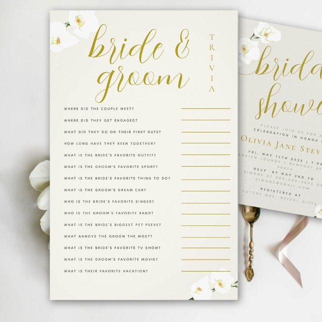 Orchids Brautparty Game Bridge Groom Trivia Ecru Flyer (bridal shower game bride groom trivia orchids ecru ivory gold calligraphy)