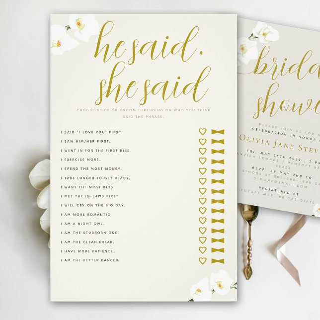 Orchids Brautparty Game Er sagte Ivory Ecru Flyer (bridal shower game he she said bride or groom orchids ecru ivory gold calligraphy)