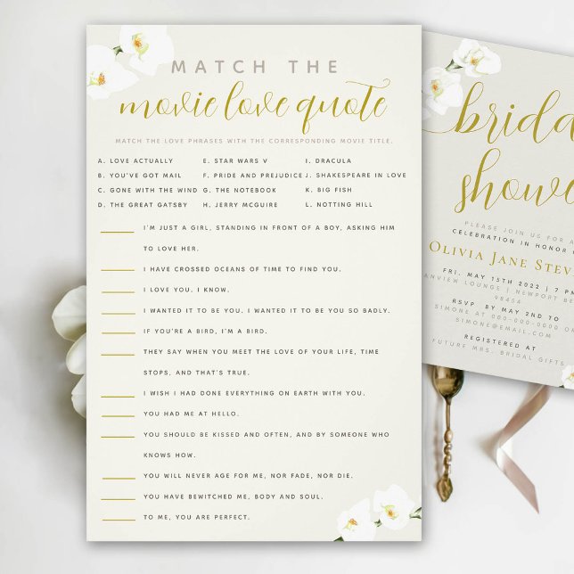 Orchids Brautparty Match Movie Quotes Flyer (movie love quote bridal shower game orchids ecru ivory gold calligraphy)