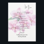 Orchids Menu Card Menükarte<br><div class="desc">This Menu Card template is shown on the basic paper in white with a lovely pink orchid print design. Script and standard text are in a black color. Customize the names and menu items by clicking the customize or edit button, use the offered templates to change to your information. Licensed...</div>