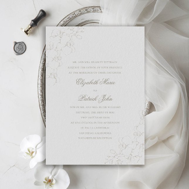Orchids Silky Elfenbein formale traditionelle Hoch Einladung (orchids wedding invitation formal traditional modern classic double frame ivory faux embossed silky)