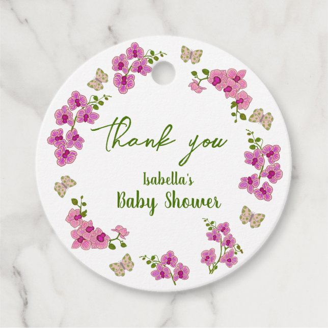 Orchids Tropical Butterfly Lila Button Babydusche Geschenkanhänger (Vorderseite)