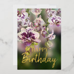 Orchids Tropical Floral Happy Birthday Real Gold Folien Feiertagskarte<br><div class="desc">Blühende Orchideen Blumenstrauß mit Geburtstagstext in anpassbarer Gold-, Silber- oder Rose-Gold-Folie</div>