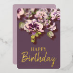 Orchids Tropical Floral Happy Birthday Real Gold Folien Feiertagskarte<br><div class="desc">Blühende Orchideen Blumenstrauß mit Geburtstagstext in anpassbarer Gold-,  Silber- oder Rose-Gold-Folie</div>
