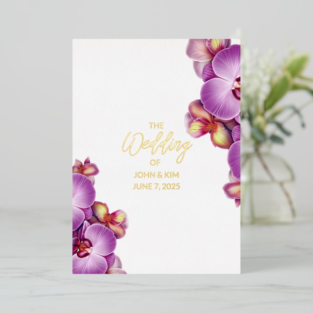 Orchids Wedding Gold Foil Einladung (Stehend vorne)
