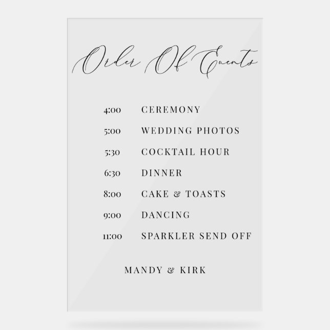 Order of Events Wedding Sign Minimalist Timeline  Acrylschild (Vorderseite)