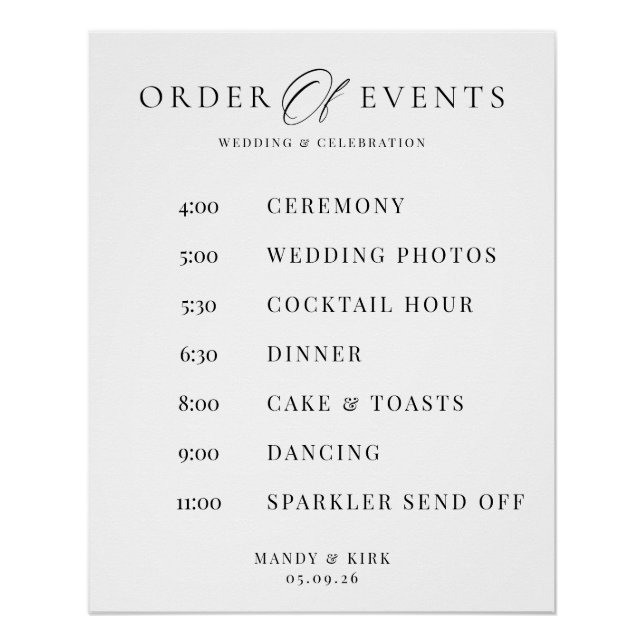 Order of Events Wedding Sign Minimalist Timeline  Poster (Vorderseite)