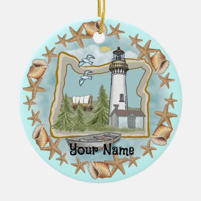Oregon Muscheln Leuchtturm Keramik Ornament (Vorne)
