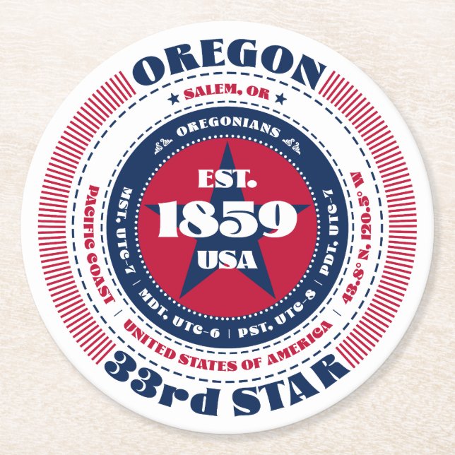 Oregon Red White Blue Typografie Runder Pappuntersetzer (Vorderseite)