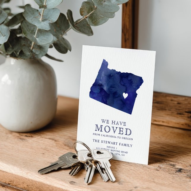 Oregon Staat Karte marineblau Aquarellfarben Zuhau (Oregon state map navy blue watercolor home moving announcement postcard)