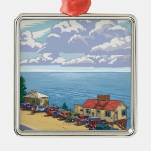 OregonSea Löwe höhlt Vintages Reise-Plakat aus Silbernes Ornament