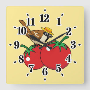 Organic Lover Sparrow Eating Red Tomato Quadratische Wanduhr