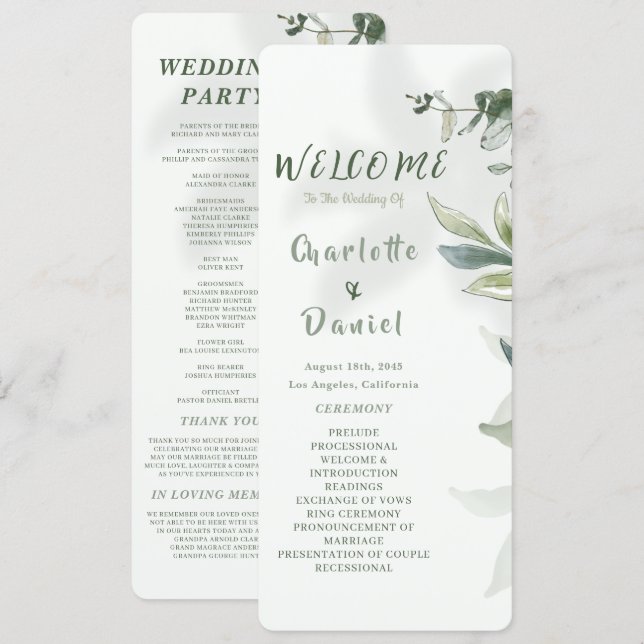 Organische moderne botanische Hochzeitsprogrammkar Programm (Vorne/Hinten)