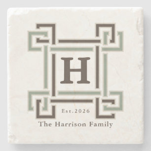 Organischer Salbei-Taupe-Monogramm-Familienname Steinuntersetzer