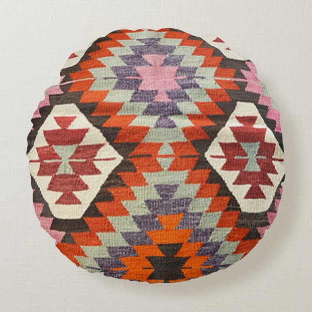 Oriental Antique Persian Türkischer Kilim Teppich Rundes Kissen (Vorderseite)