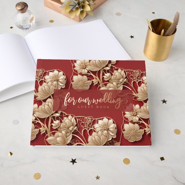 Oriental Art Deco Florals | Custom Foil Wedding Gästebuch (Vorderseite offen)