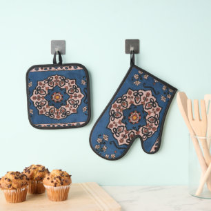 Oriental Blau Persisch Türkischer Teppichmuster Ofenhandschuh & Topflappen-Set