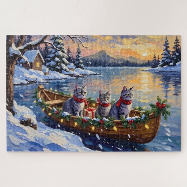 Oriental Blue Cat Christmas Boat Holiday Puzzle (Horizontal)