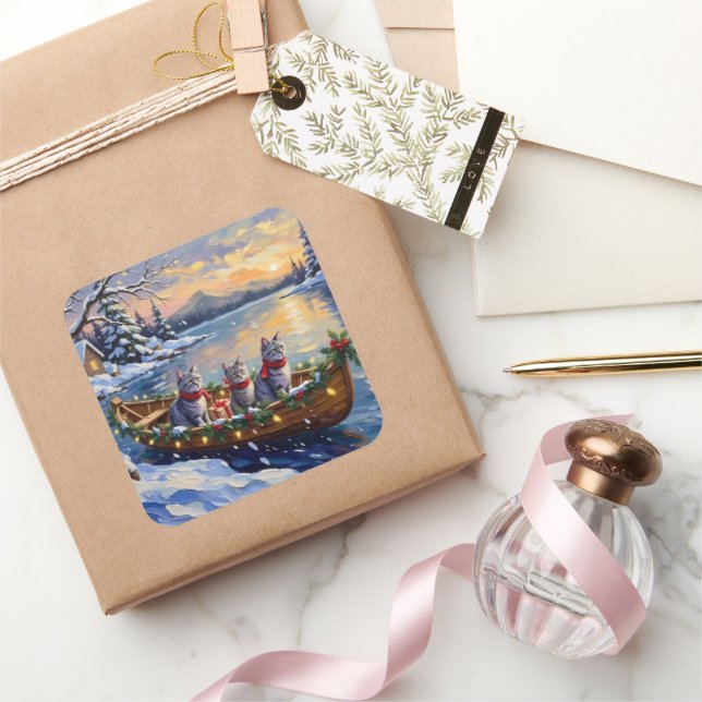Oriental Blue Cat Christmas Boat Holiday Quadratischer Aufkleber (Schenken)