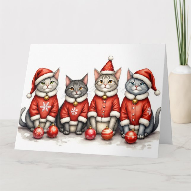 Oriental Blue Cat Christmas Dress Santa Hat Karte (Vorderseite)