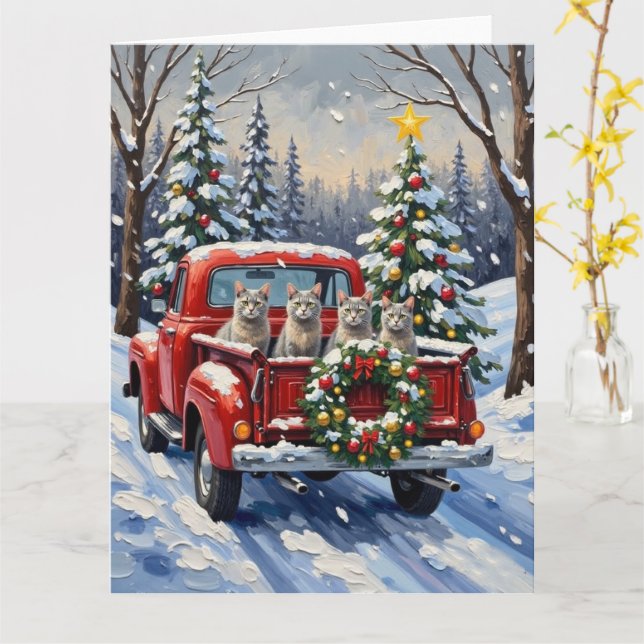 Oriental Blue Cat Christmas Red Truck Holiday Karte (Gelbe Blume)