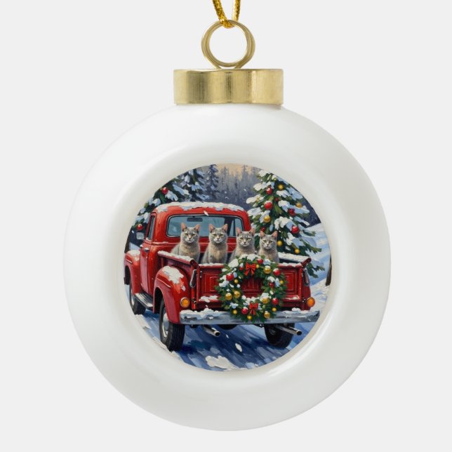 Oriental Blue Cat Christmas Red Truck Holiday Keramik Kugel-Ornament (Vorderseite)