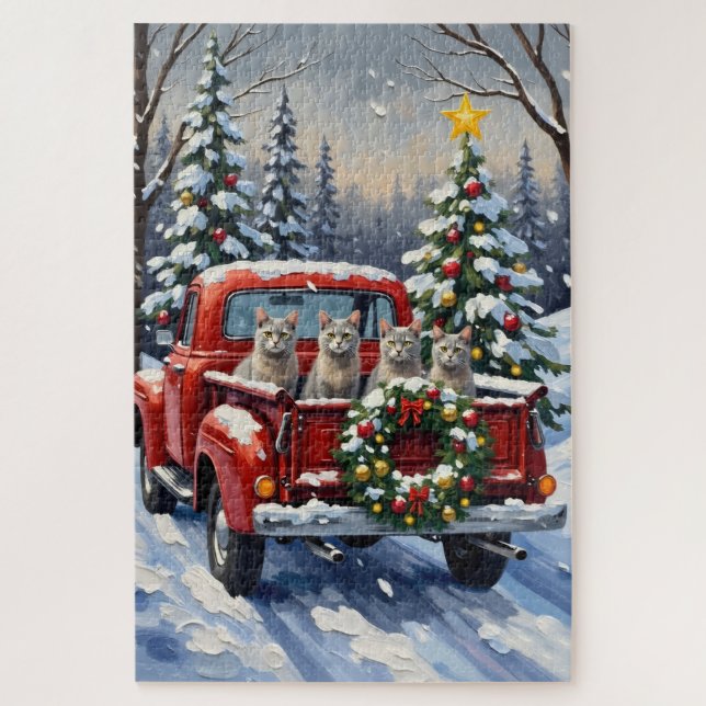 Oriental Blue Cat Christmas Red Truck Holiday Puzzle (Vertikal)