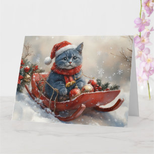 Oriental Blue Cat in Sledge Let it Snow Christmas Karte