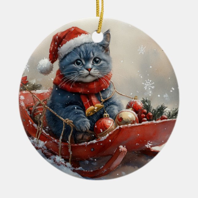 Oriental Blue Cat in Sledge Let it Snow Christmas Keramik Ornament (Vorne)