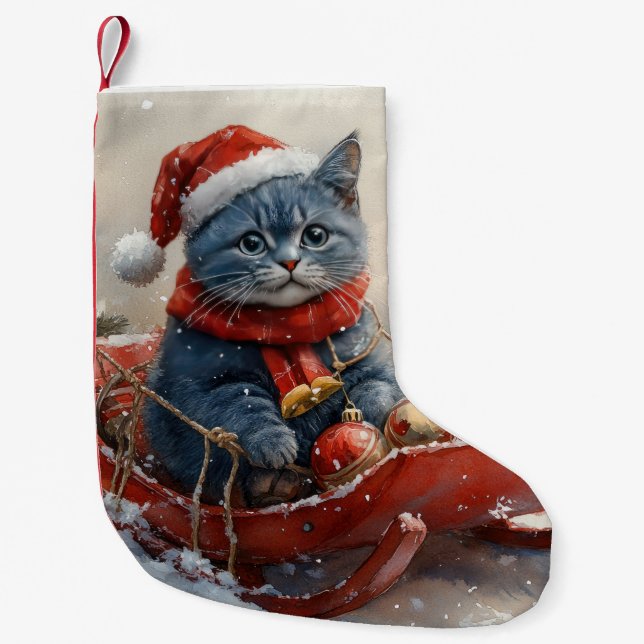 Oriental Blue Cat in Sledge Let it Snow Christmas Kleiner Weihnachtsstrumpf (Vorderseite)