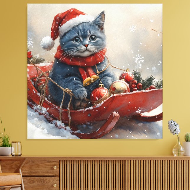 Oriental Blue Cat in Sledge Let it Snow Christmas Leinwanddruck (Insitu (Wohnzimmer))
