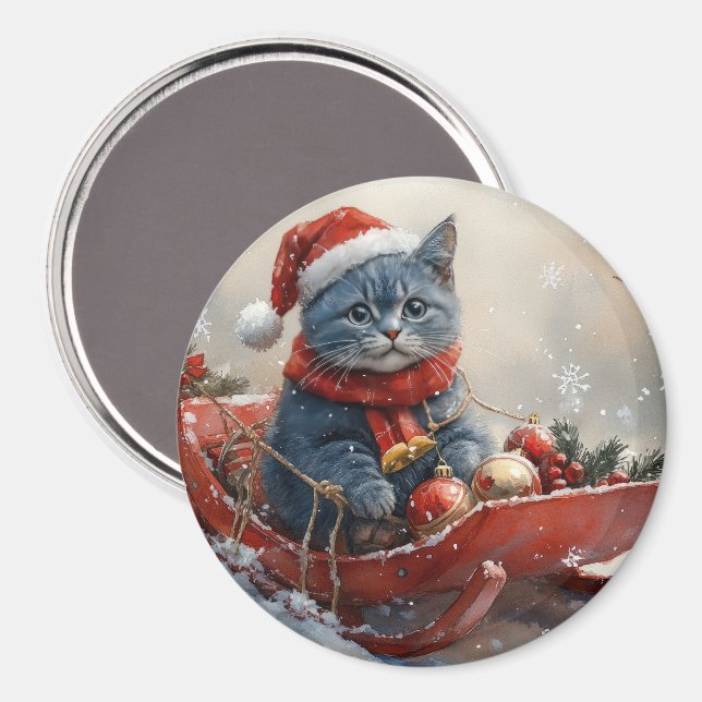 Oriental Blue Cat in Sledge Let it Snow Christmas Magnet (Vorderseite/Rückseite)