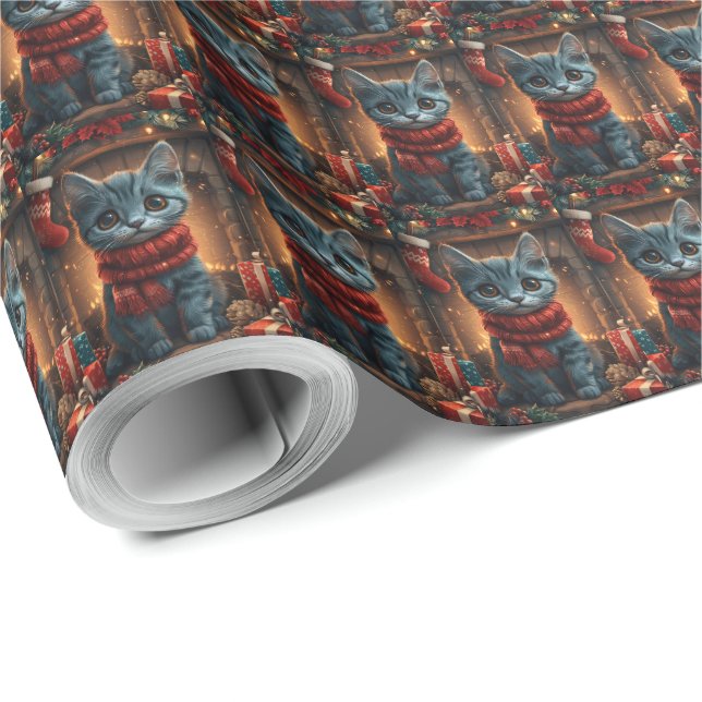 Oriental Blue Cat mit Weihnachtsgeschenk Kamin Geschenkpapier (Rolleneckpunkt)