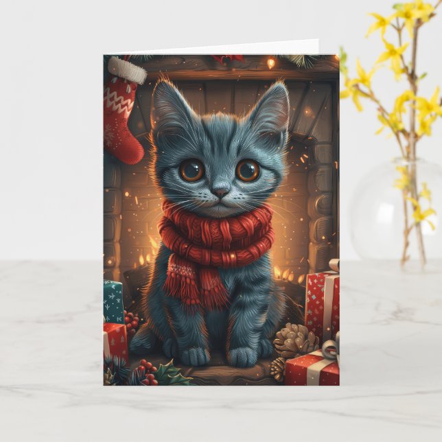 Oriental Blue Cat mit Weihnachtsgeschenk Kamin Karte (Gelbe Blume)